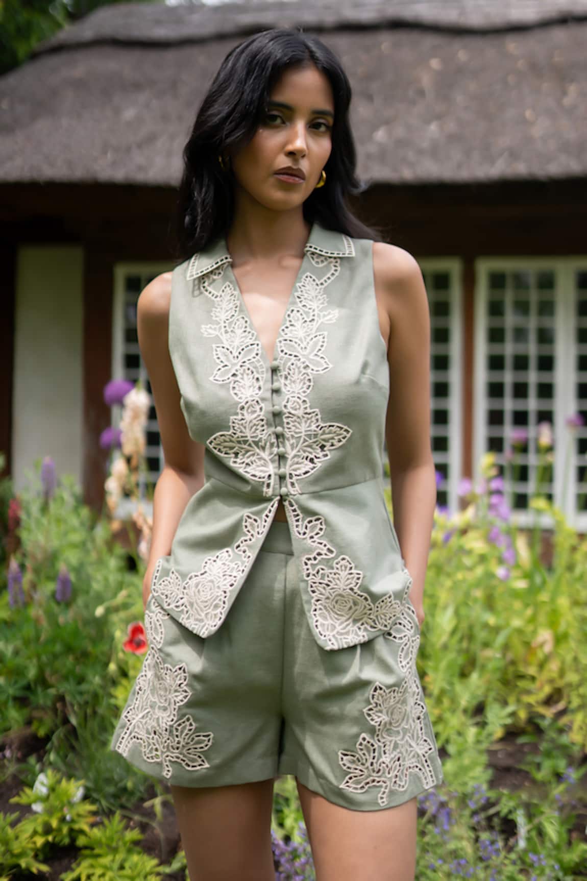 RANNA GILL Kai Embroidered V-Neck Top 