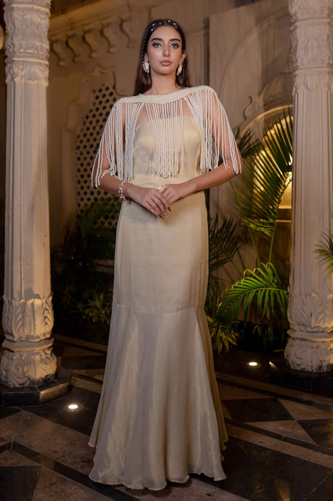 Farha Syed Ivory Beige Fishcut Gown With Cape 