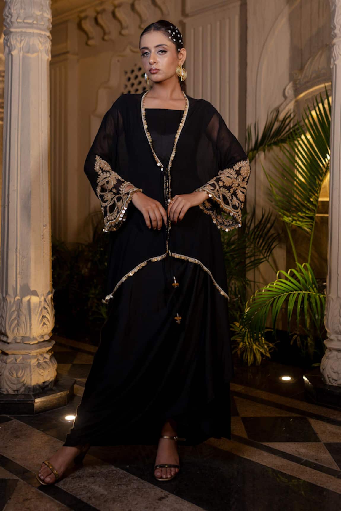 Farha Syed Black Draped Gown & Jacket Set 