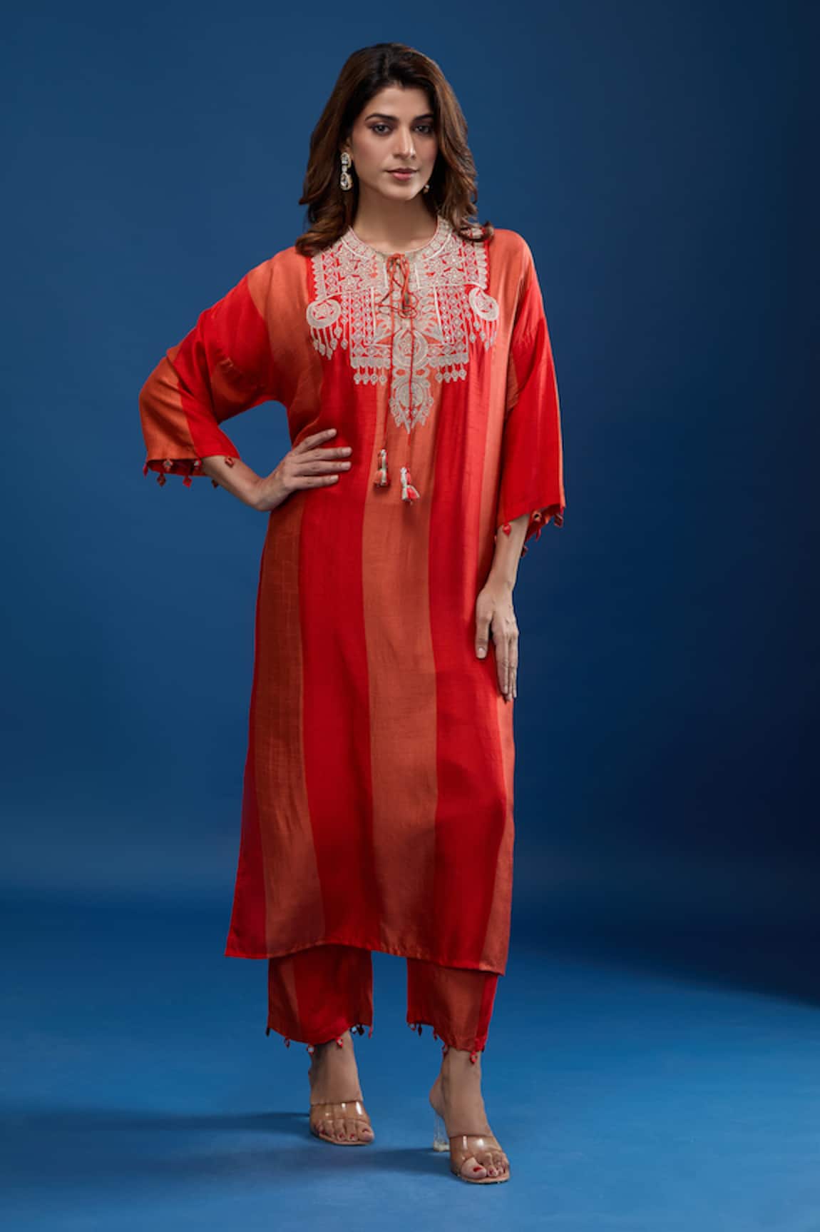 Archana Shah Striped Gold Embroidered Yoke Kaftan & Pant Set 
