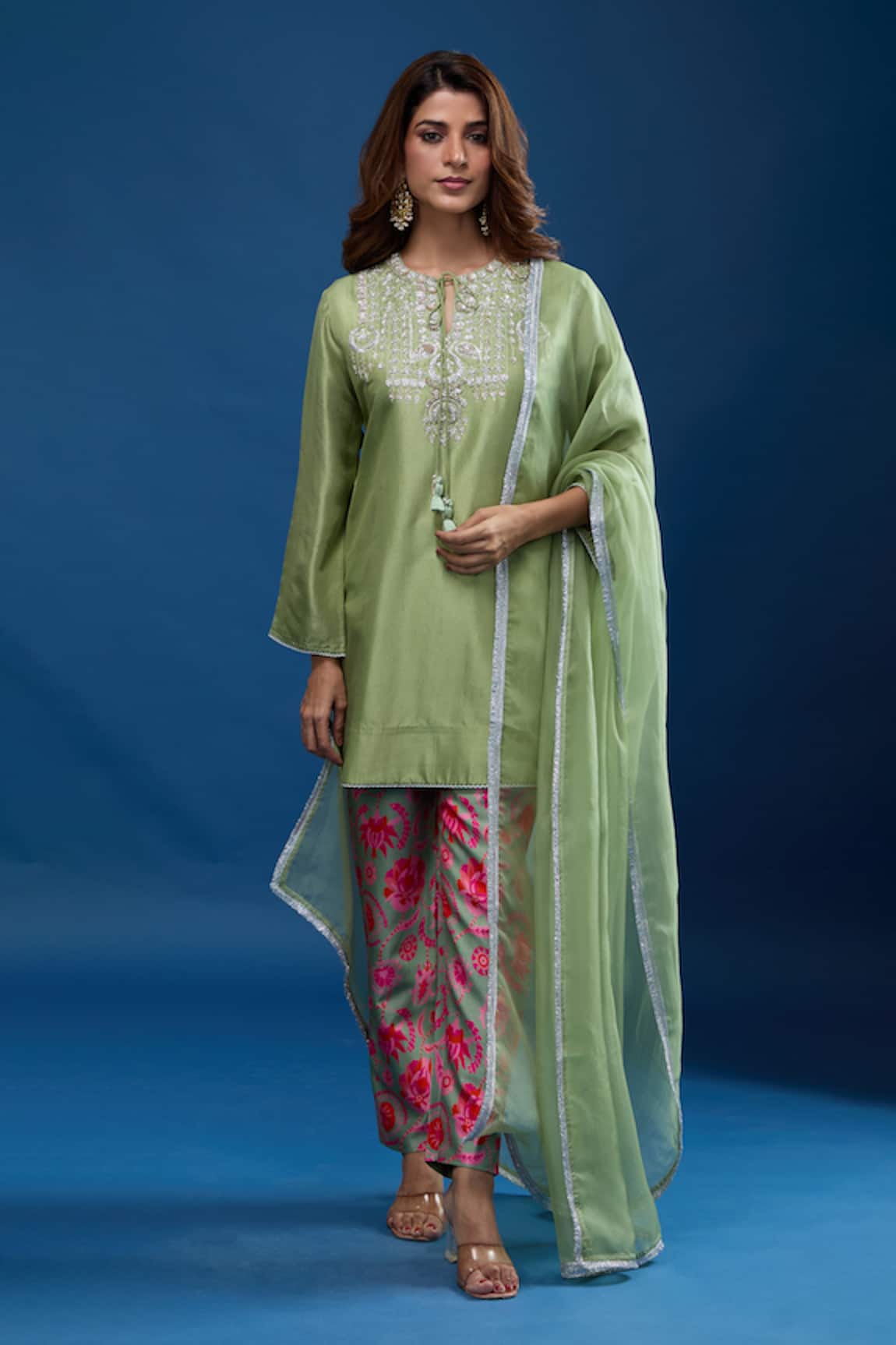 Archana Shah Green Moon Yoke Kurta Suzani Printed Pant Set 