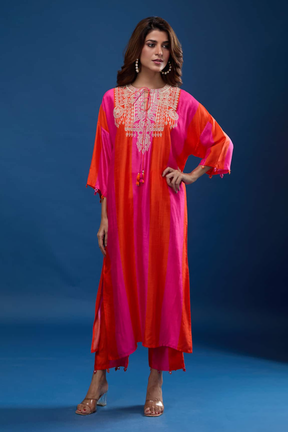 Archana Shah Striped Embroidered Yoke Kaftan & Pant Set 