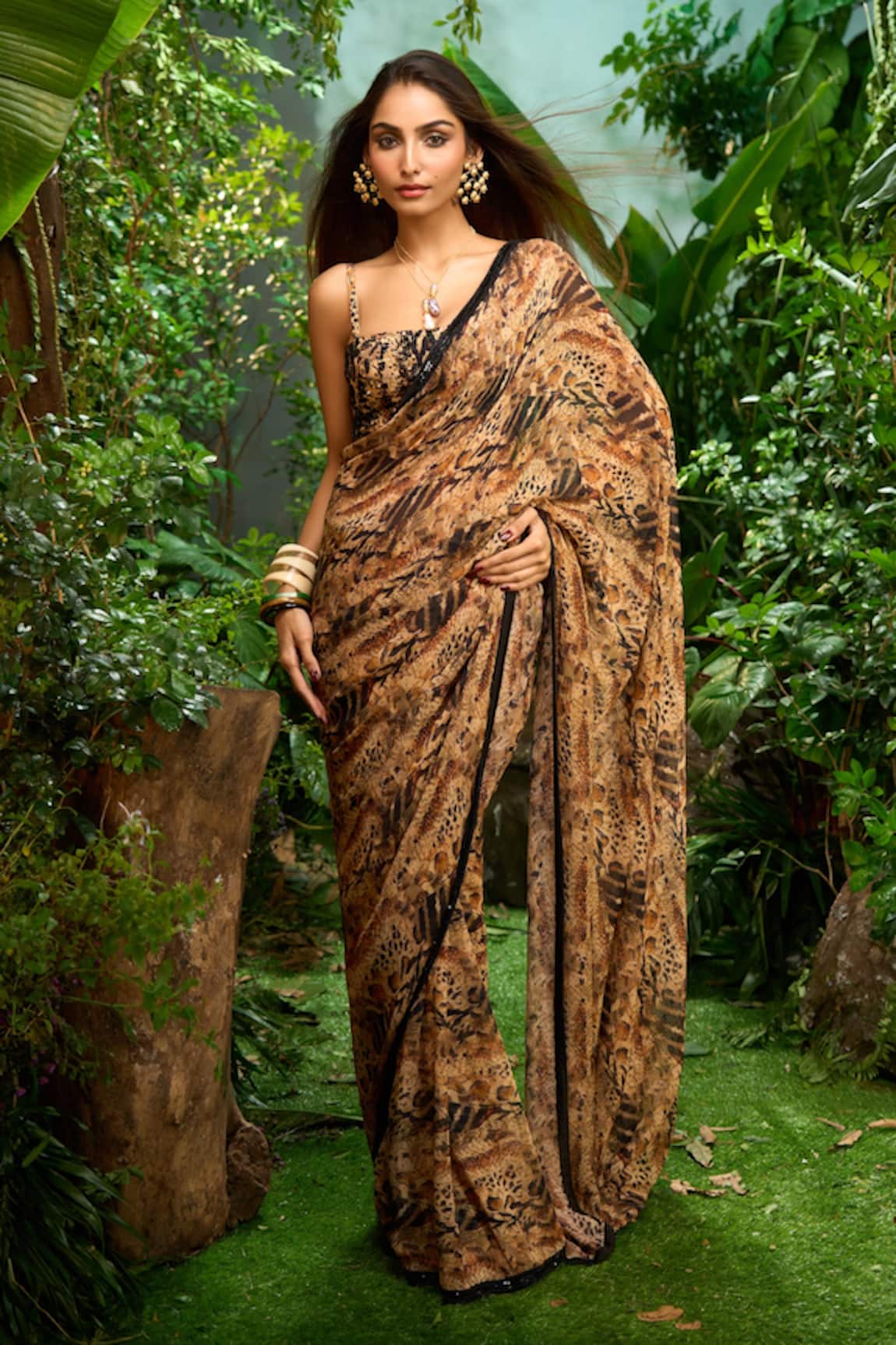 Aza X Shilpa Shetty Kundra Animal Print Saree With Hand Embroidered Bustier 