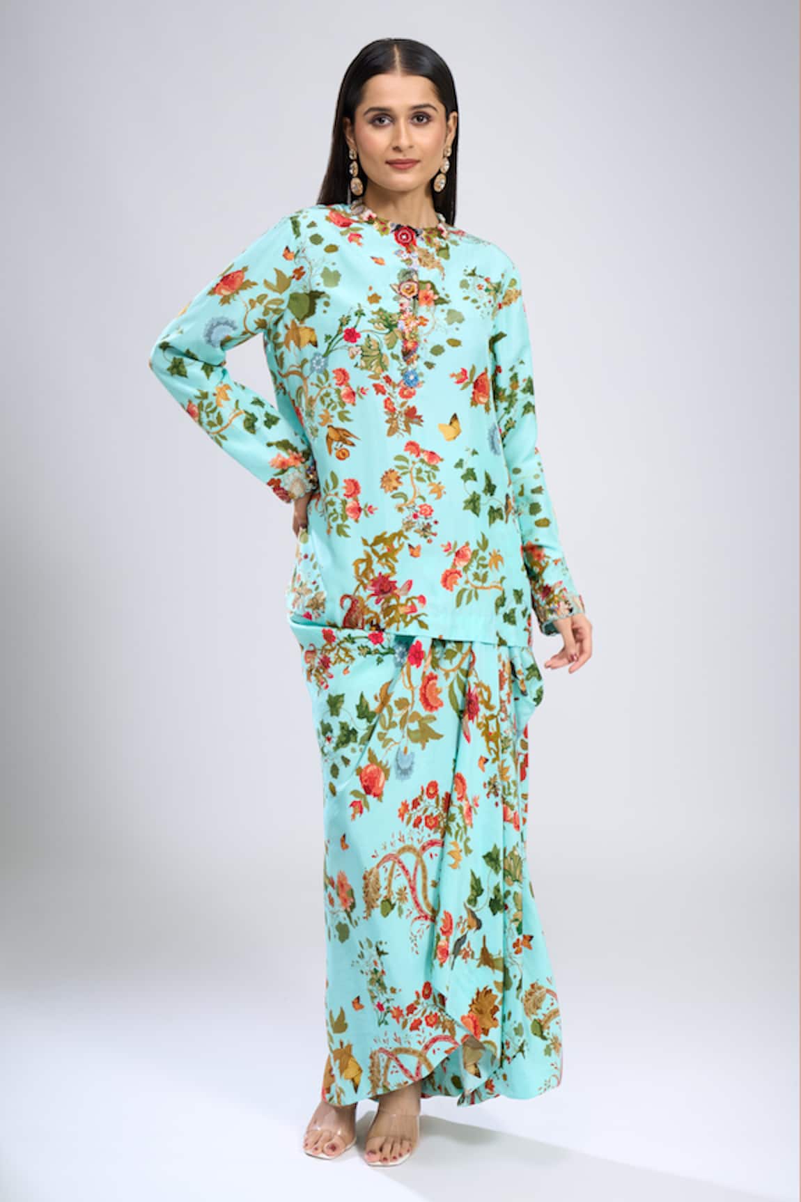 Anamika Khanna Sky Blue Printed Short Kurta & Skirt Set 