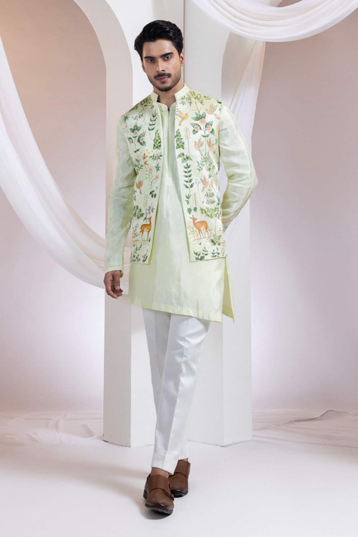 Smriti By Anju Agarwal Pastel Forest Mist Nerhu Jacket Kurta Set 