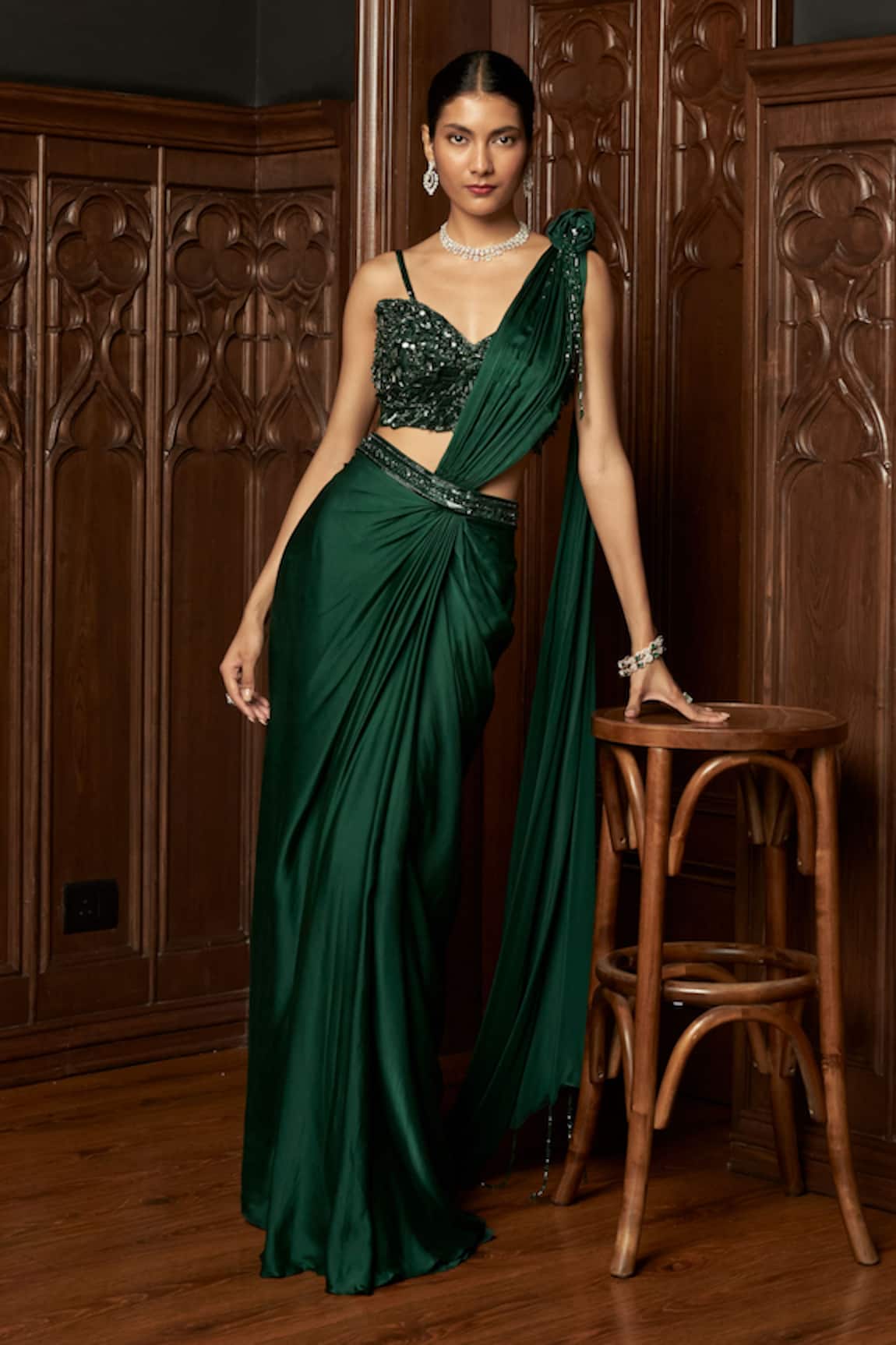 Istya Emerald Pre-Draped Saree With Embellished Blouse 
