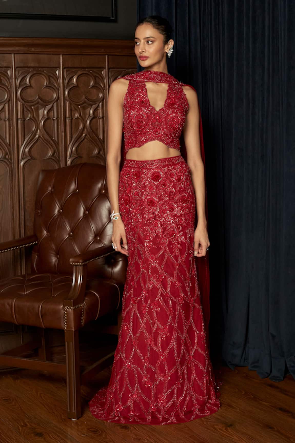 Istya Red Embellished Fishcut Lehenga Set 