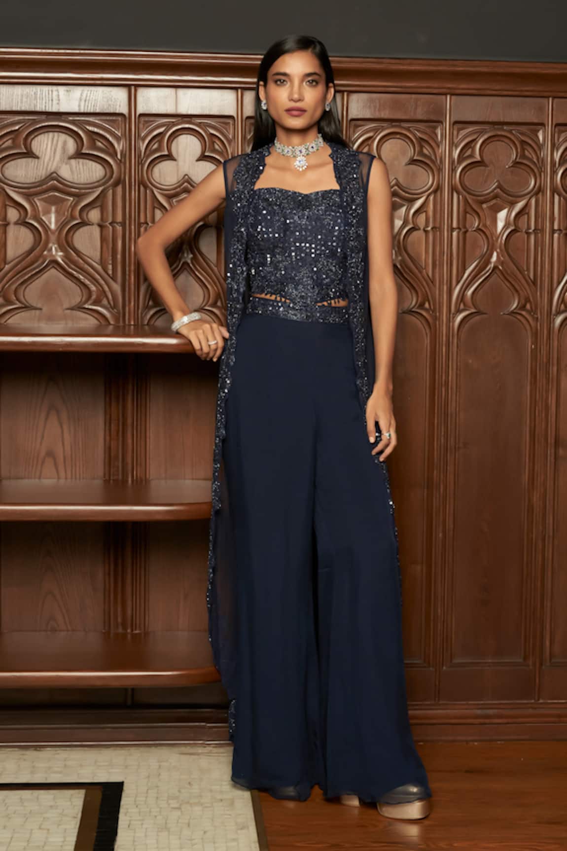 Istya Navy Indo-western Corset With Jacket Set 