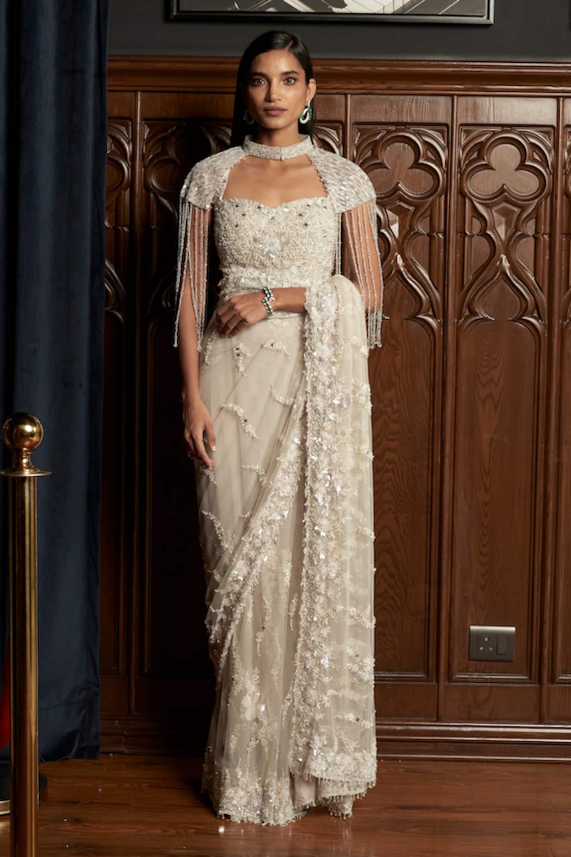 Istya Grey Embellished Saree Set With Cape 
