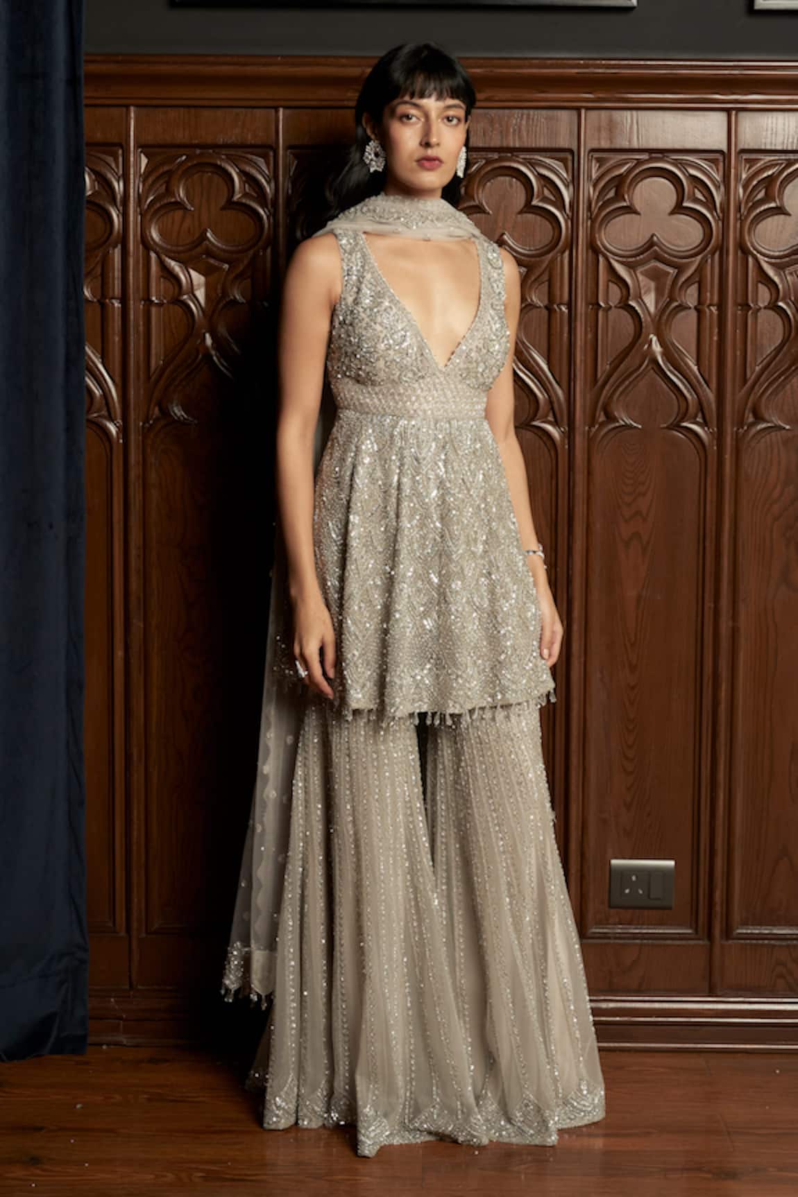 Istya Grey Embellished Kurta Sharara Set 