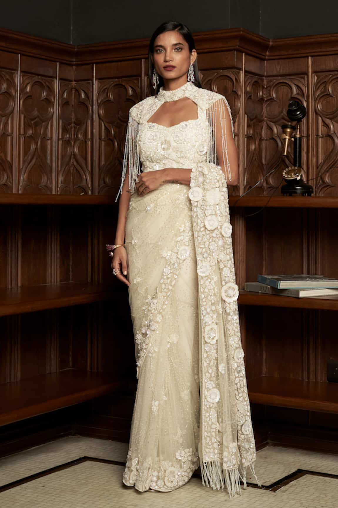 Istya Ivory Embellished Saree Set With Cape 