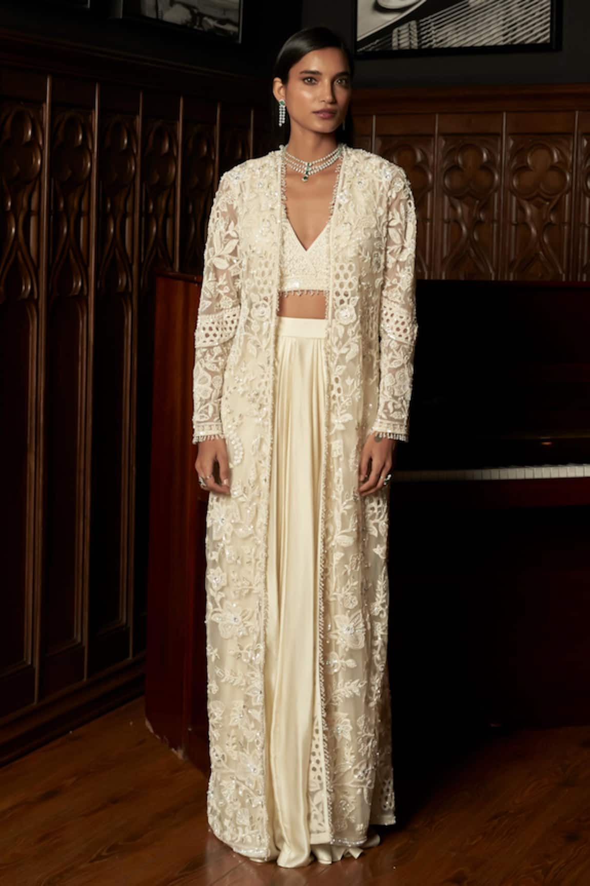 Istya Ivory Embellished Jacket Skirt Set 