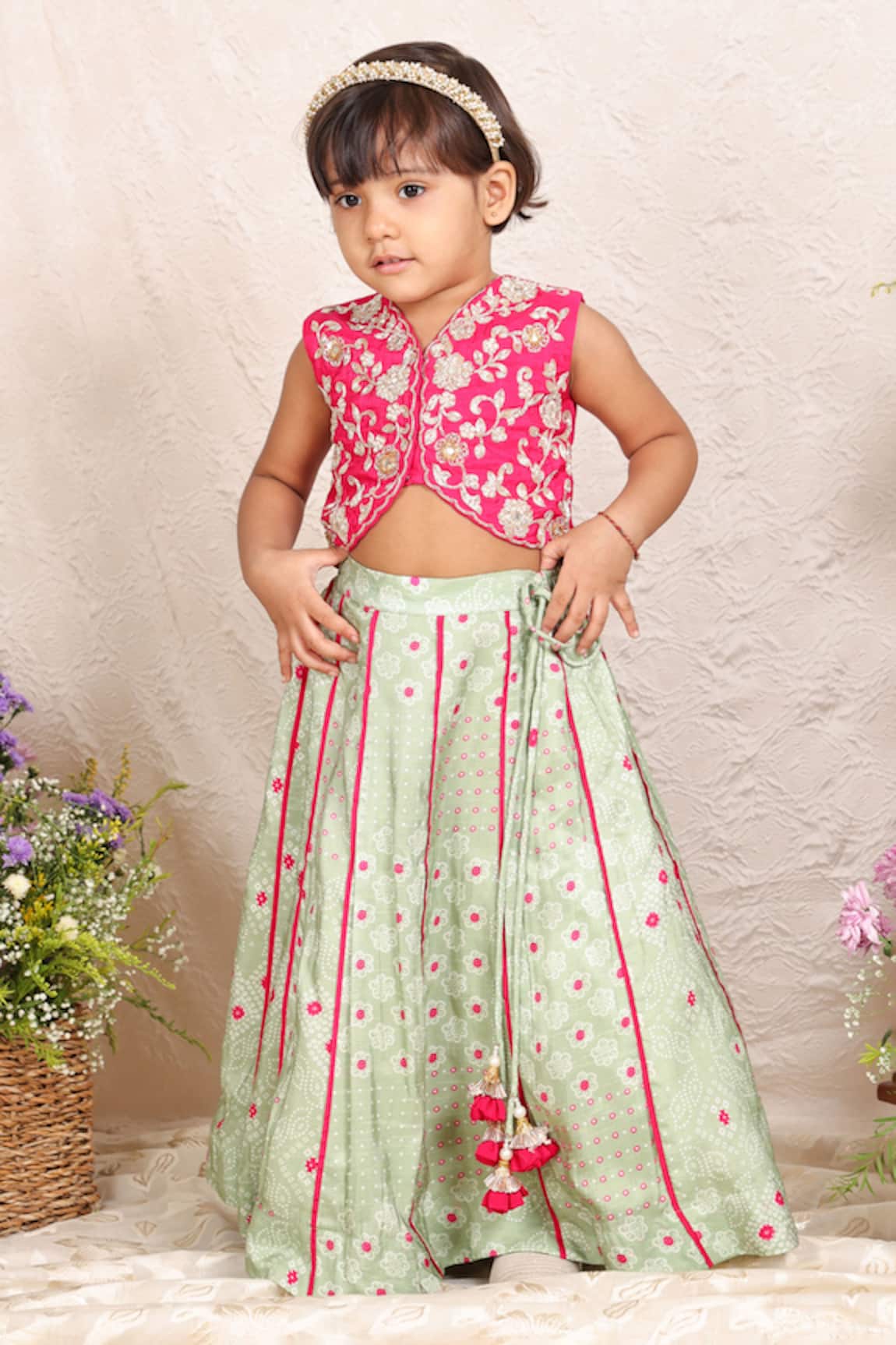P & S CO Floral Embroidered Blouse With Contrast Lehenga 