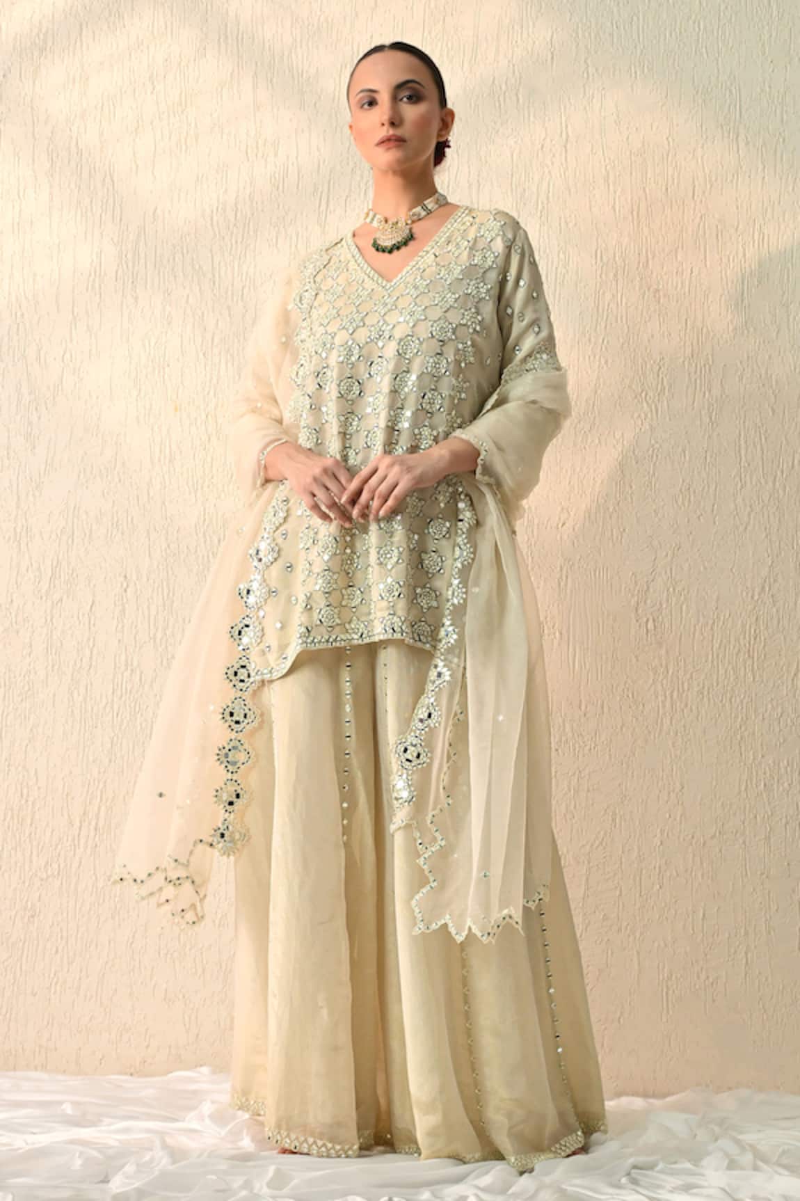 Ohh Crow Vanilla Embroidered Kurta Sharara Set 