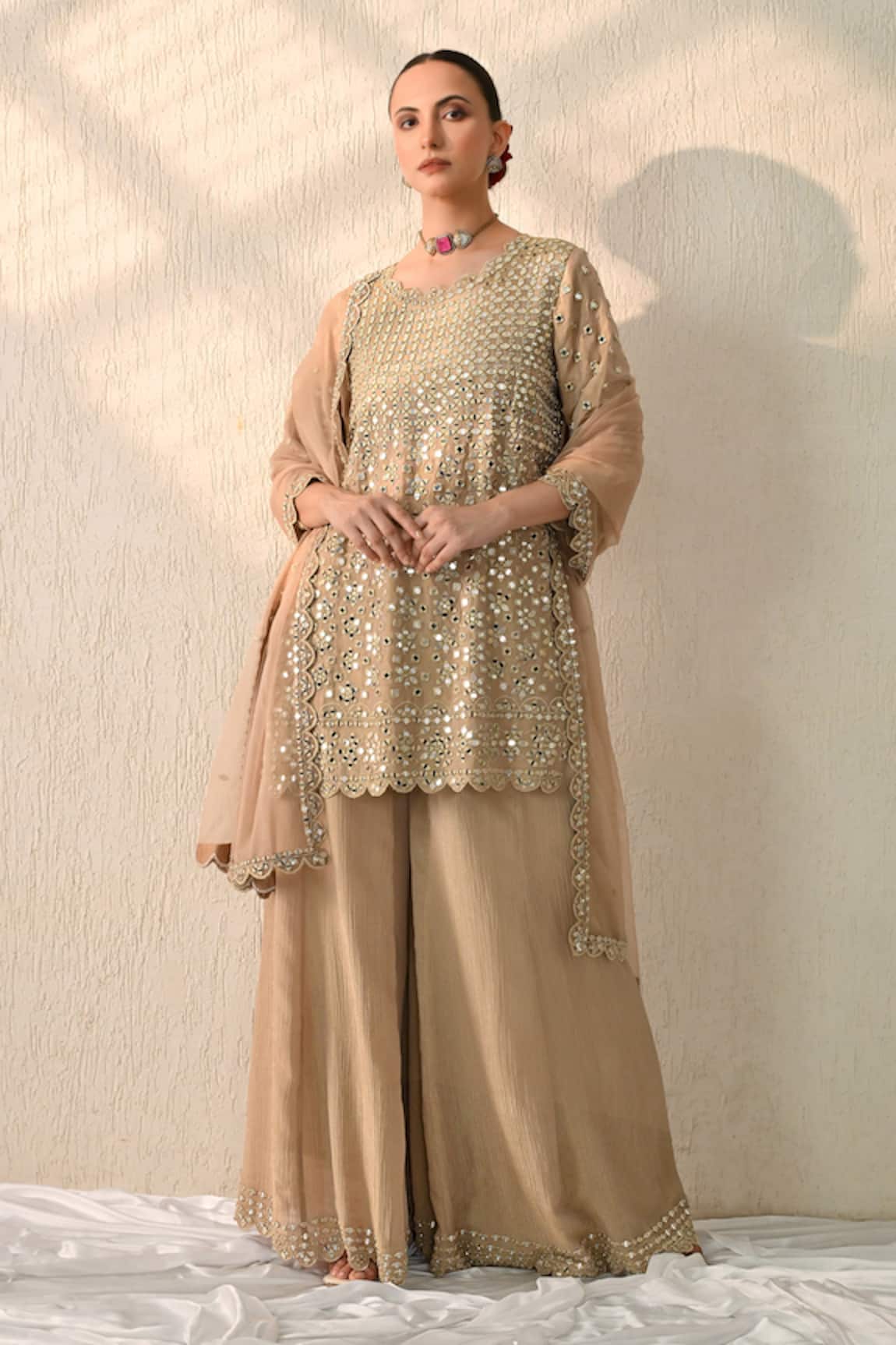 Ohh Crow Floral Mirror Work Kurta Sharara Set 
