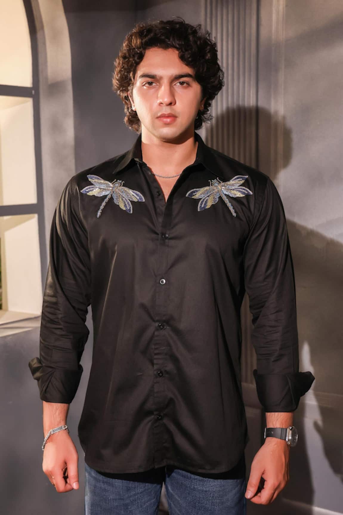 Menero Sequin Embroidered Cotton Shirt 