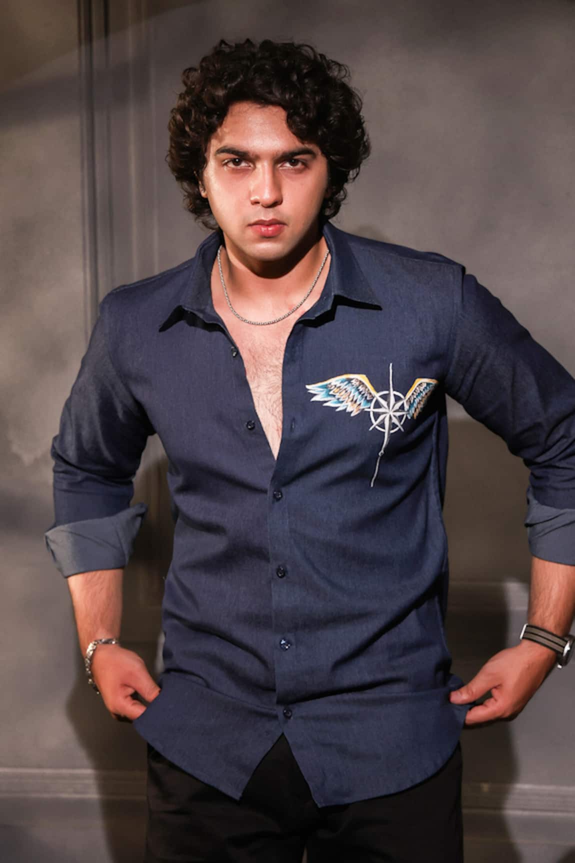 Menero Dark Blue Pure Cotton Denim Embroidered Patch Work Shirt 
