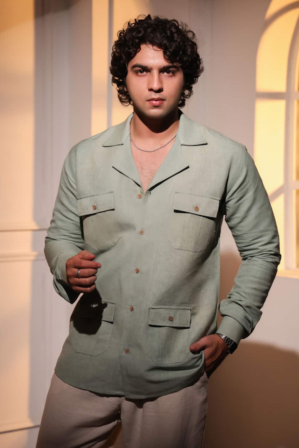 Menero Olive Green Pure Linen Shirt 