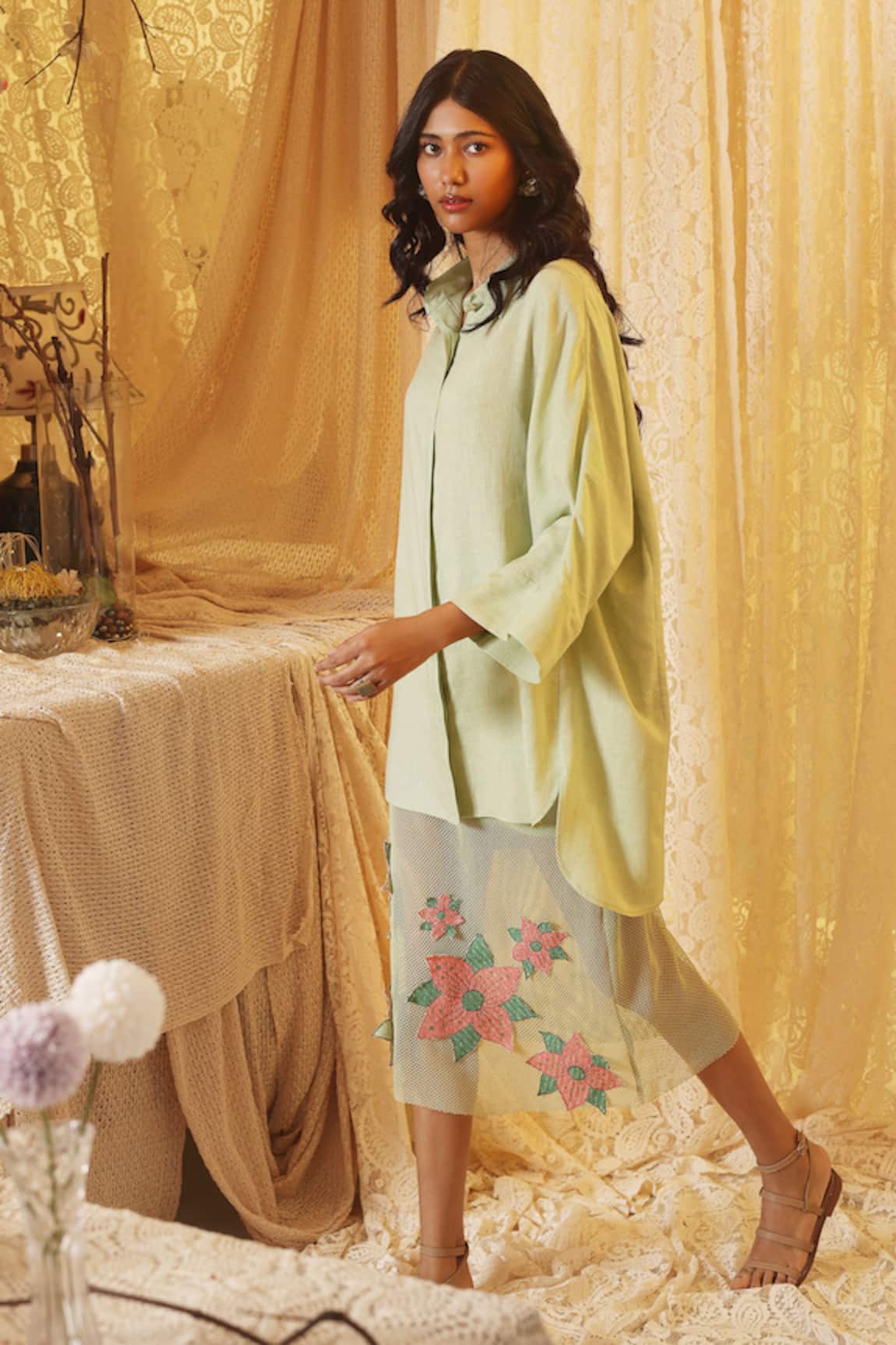 Kritika Murarka Mint Green Floral Applique Skirt 