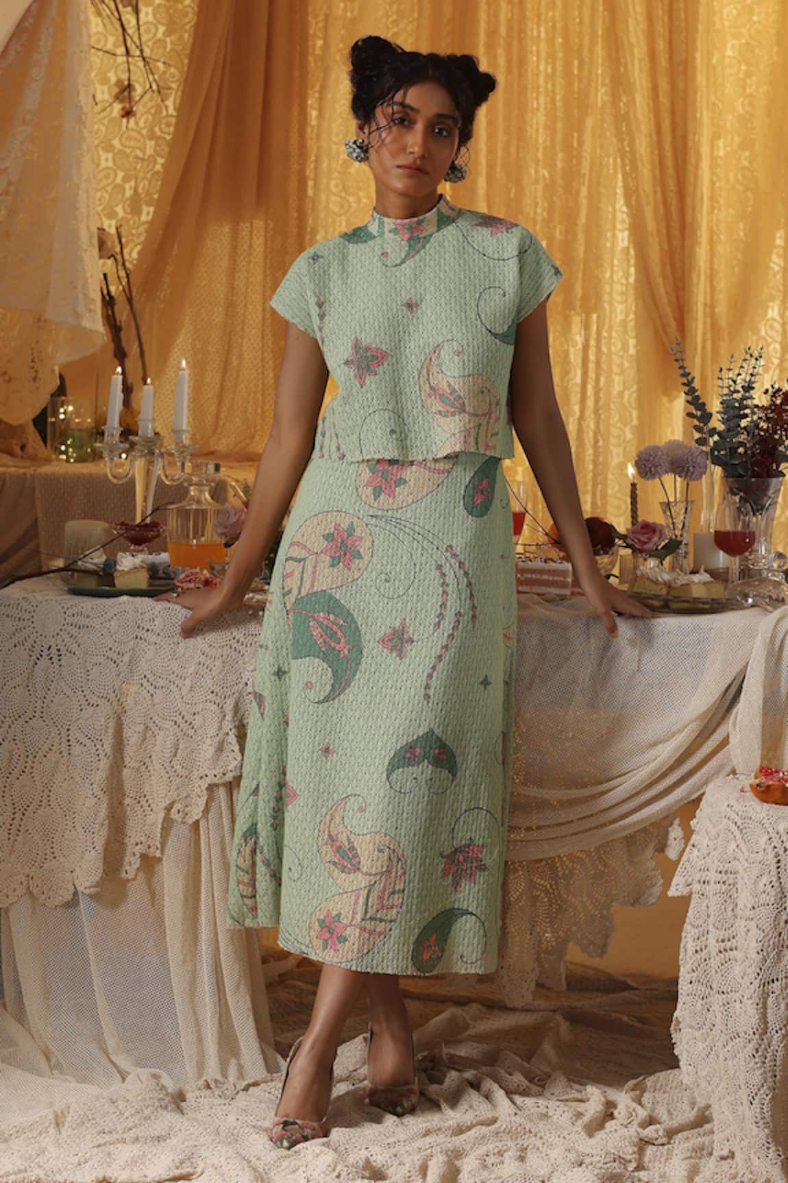 Kritika Murarka Mint Green Cotton Net 
Skirt Top Set 