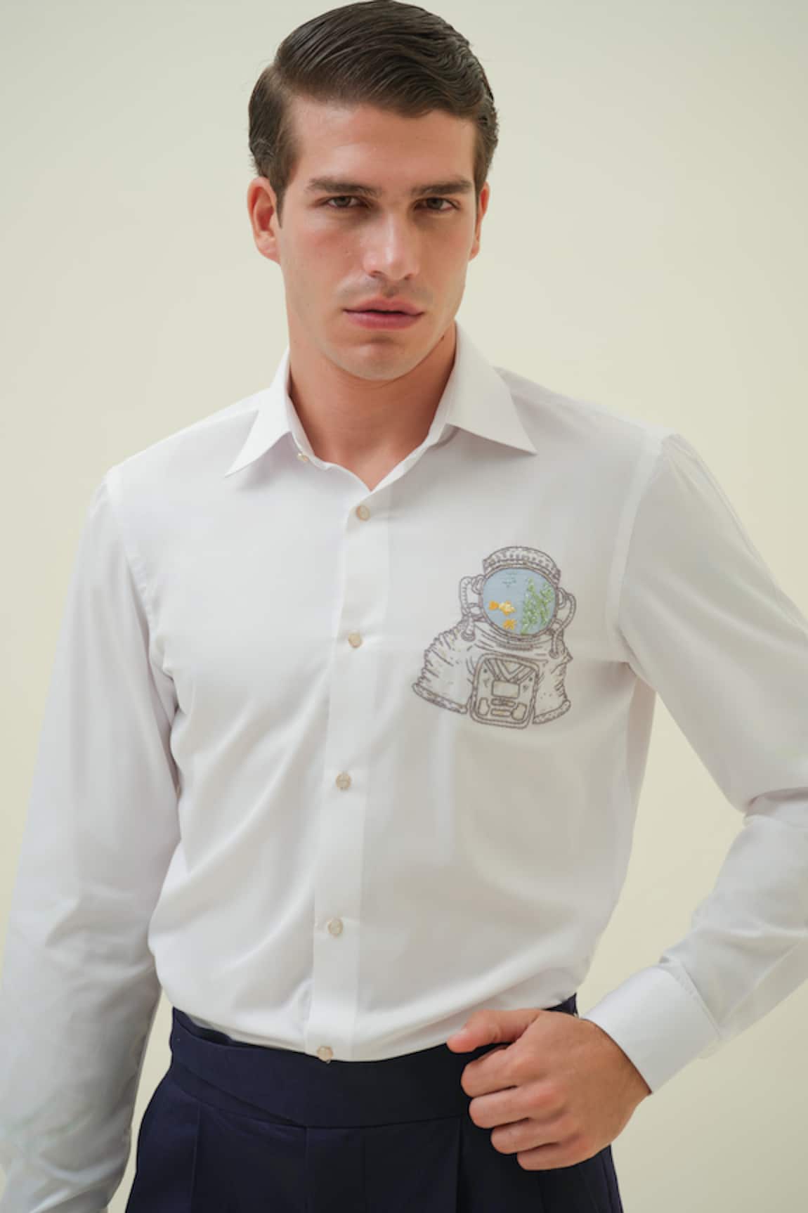 Amrit Dawani Astronaut White Embroidered Shirt 