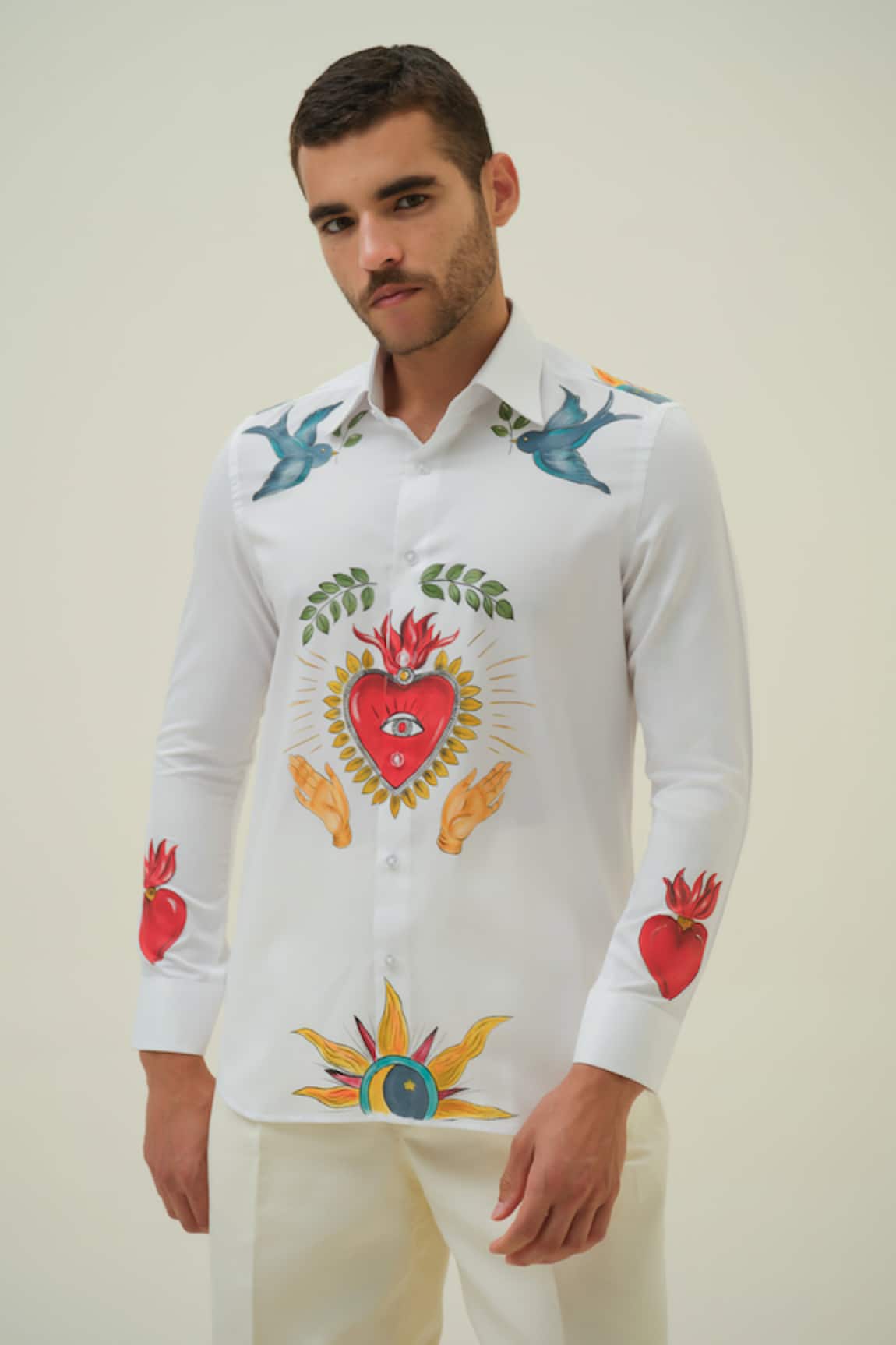 Amrit Dawani Heart White Hand Painted Shirt 