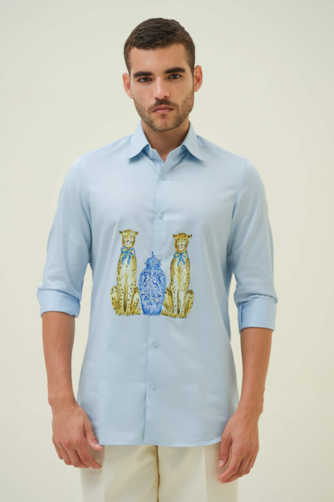 Amrit Dawani Leapords & Jar Blue Hand Painted Shirt 