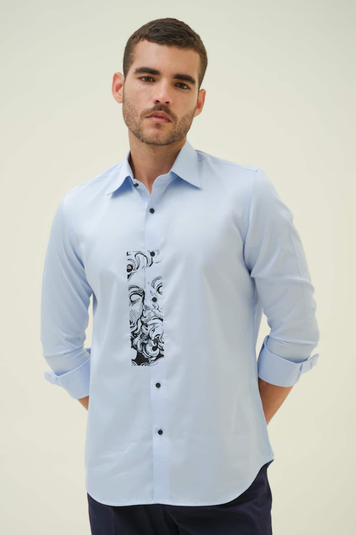 Amrit Dawani Renaissance Face Blue Embroidered Shirt 
