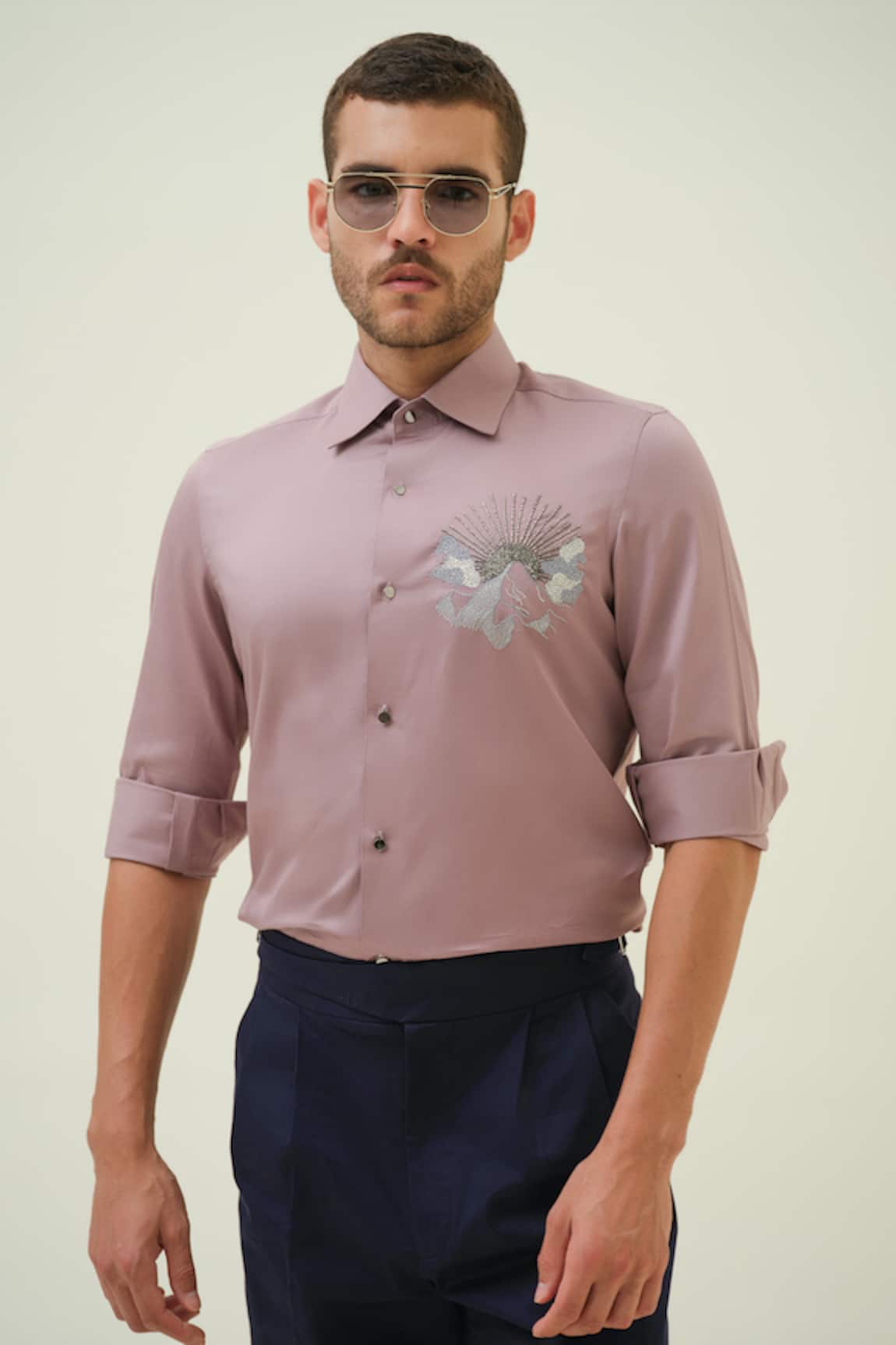Amrit Dawani Grey Scenic Mauve Hand Embroidered Shirt 