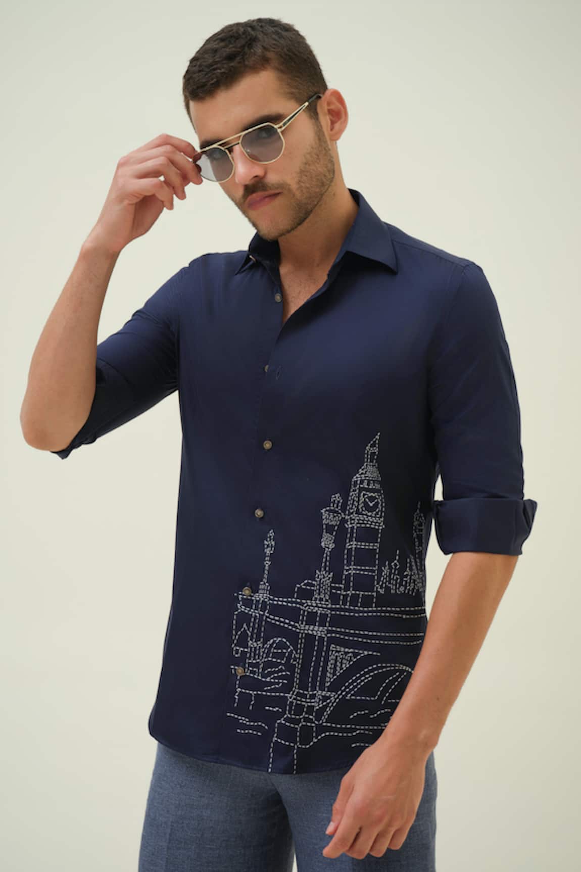 Amrit Dawani London Cityscape Blue Embroidered Shirt 
