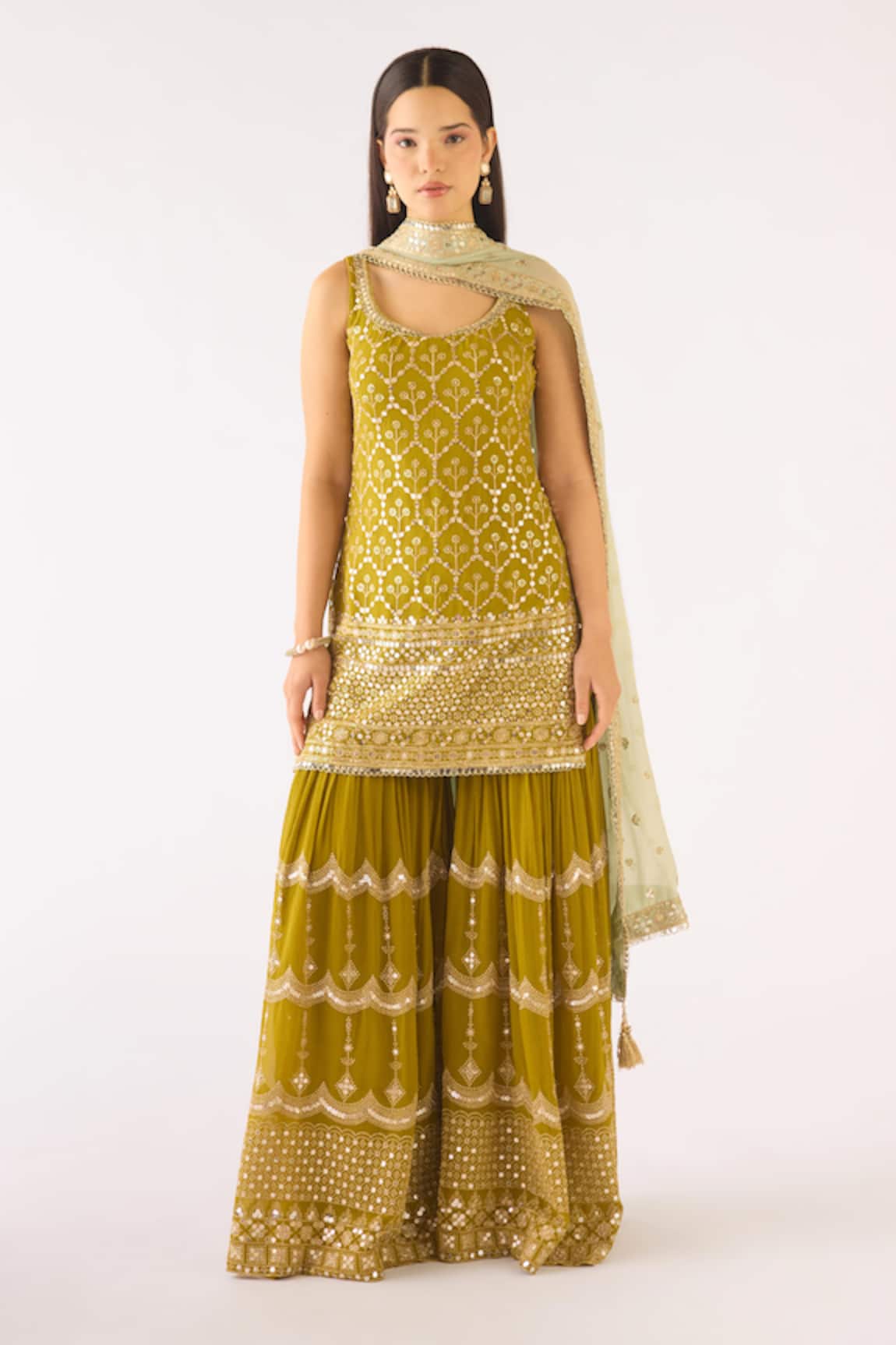 Basanti - Kapde Aur Koffee Lime Georgette Embroidered Sharara Set 