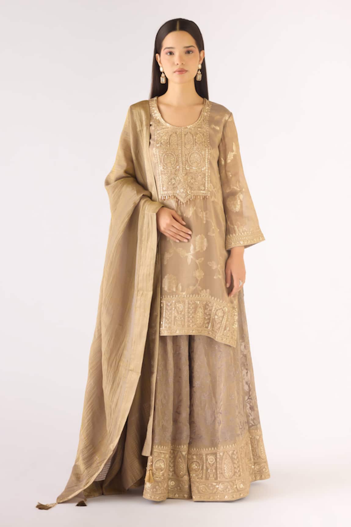 Basanti - Kapde Aur Koffee Beige Banarasi Embroidered Kurta Sharara Set 