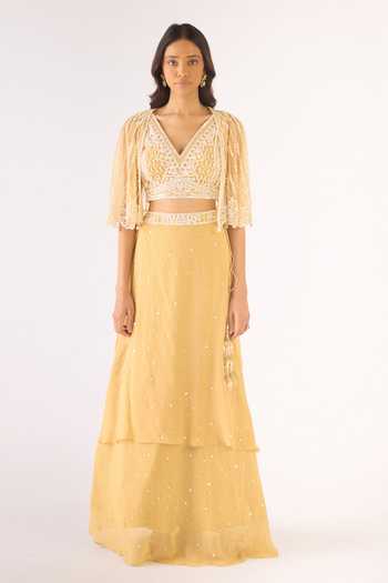 Basanti Kapde aur Koffee Gold Georgette Embroidered Lehenga Set 