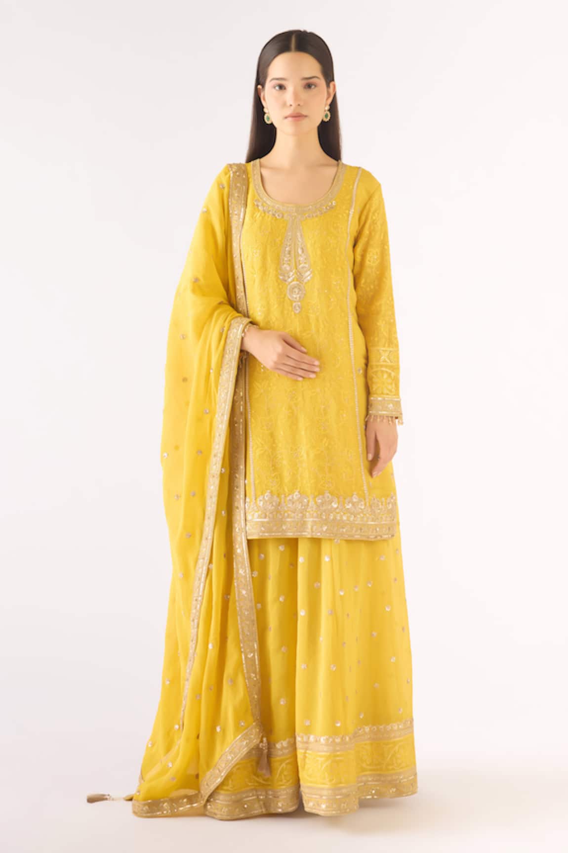 Basanti - Kapde Aur Koffee Yellow Banarasi Embroidered Sharara Set 