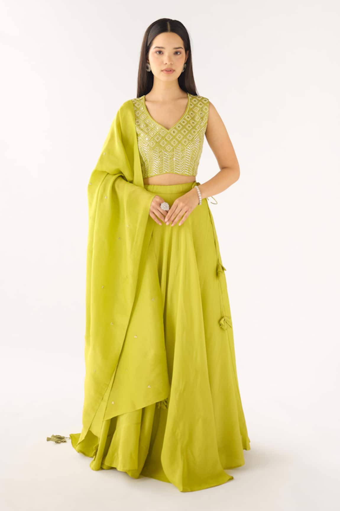 Basanti - Kapde Aur Koffee Lime Tissue Blouse & Embroidered Lehenga Set 