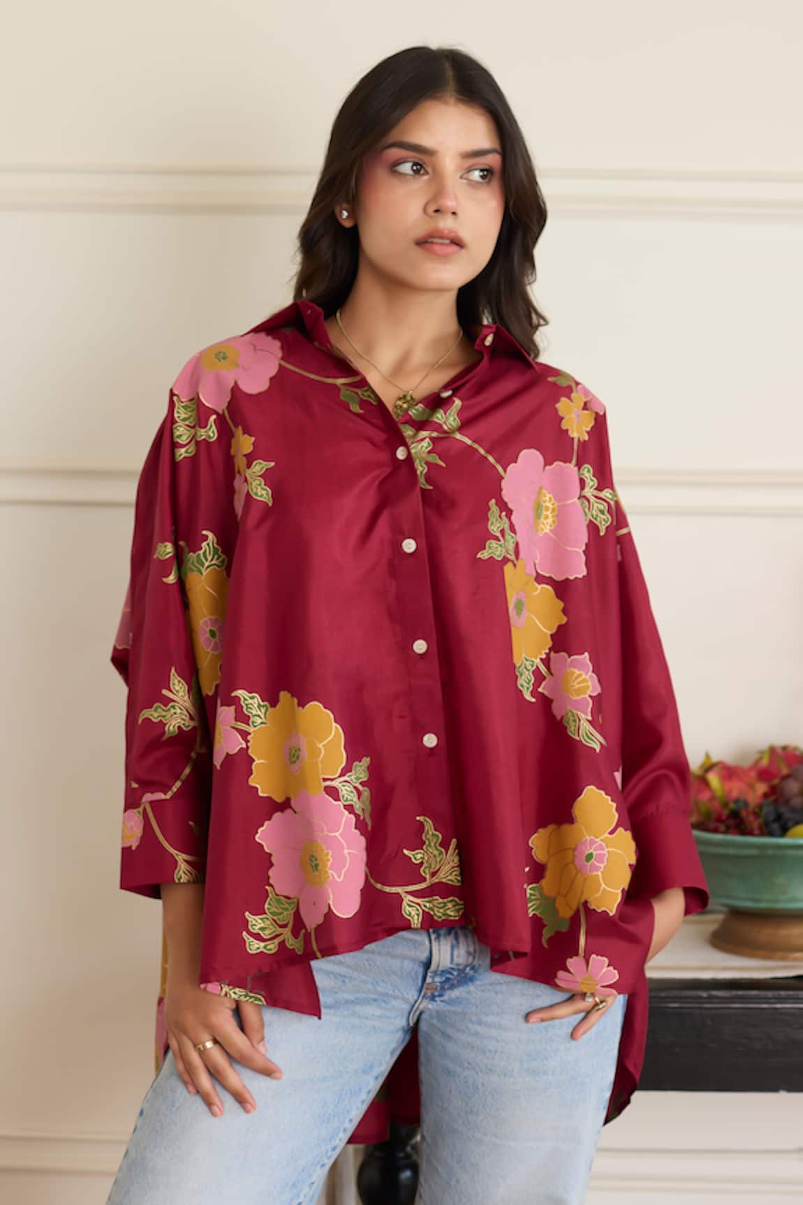 Juanita By Shubhda Gia Maroon Floral Pattern Shirt 
