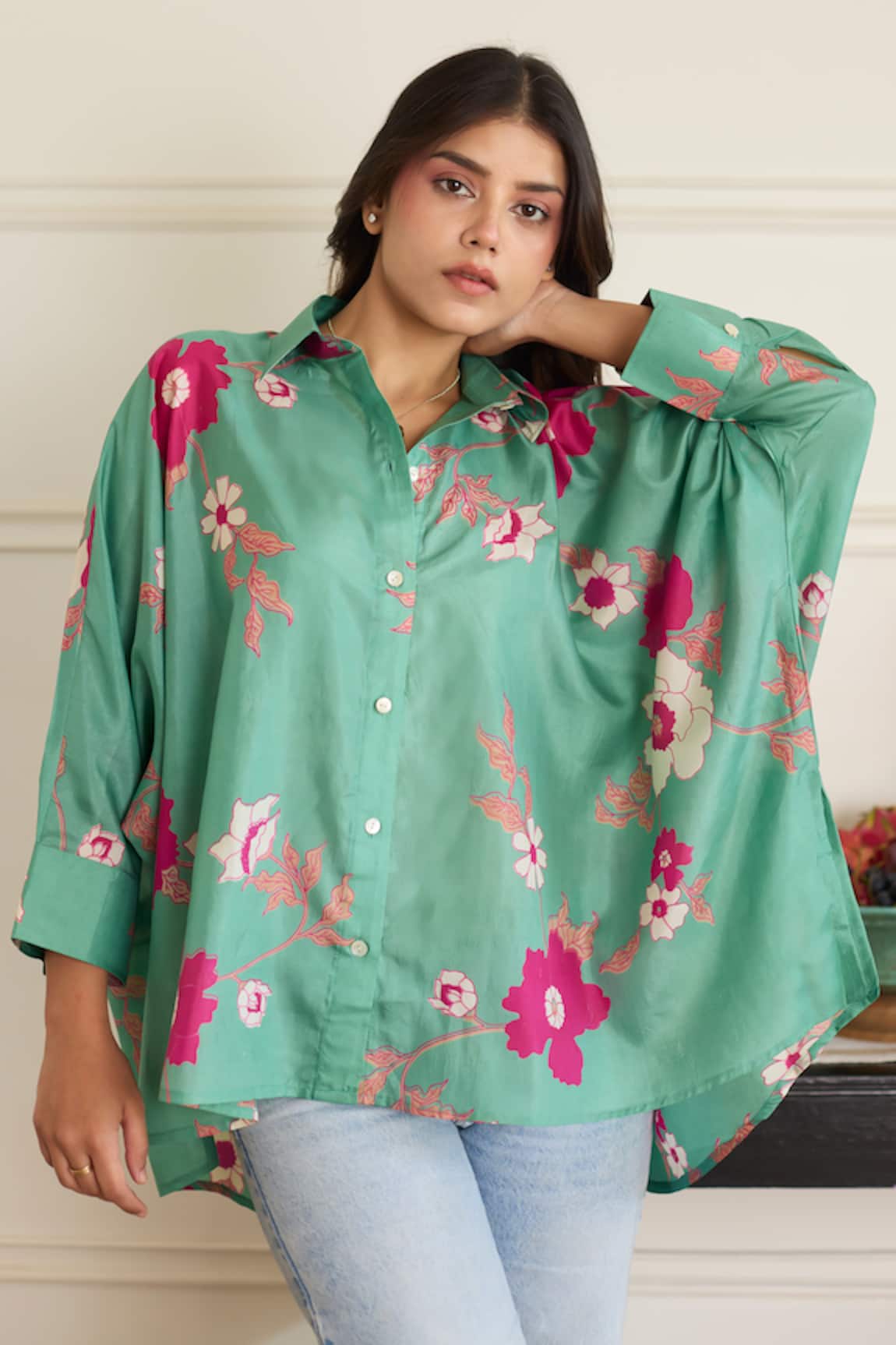 Juanita By Shubhda Gia Sea Green Floral Pattern Shirt 