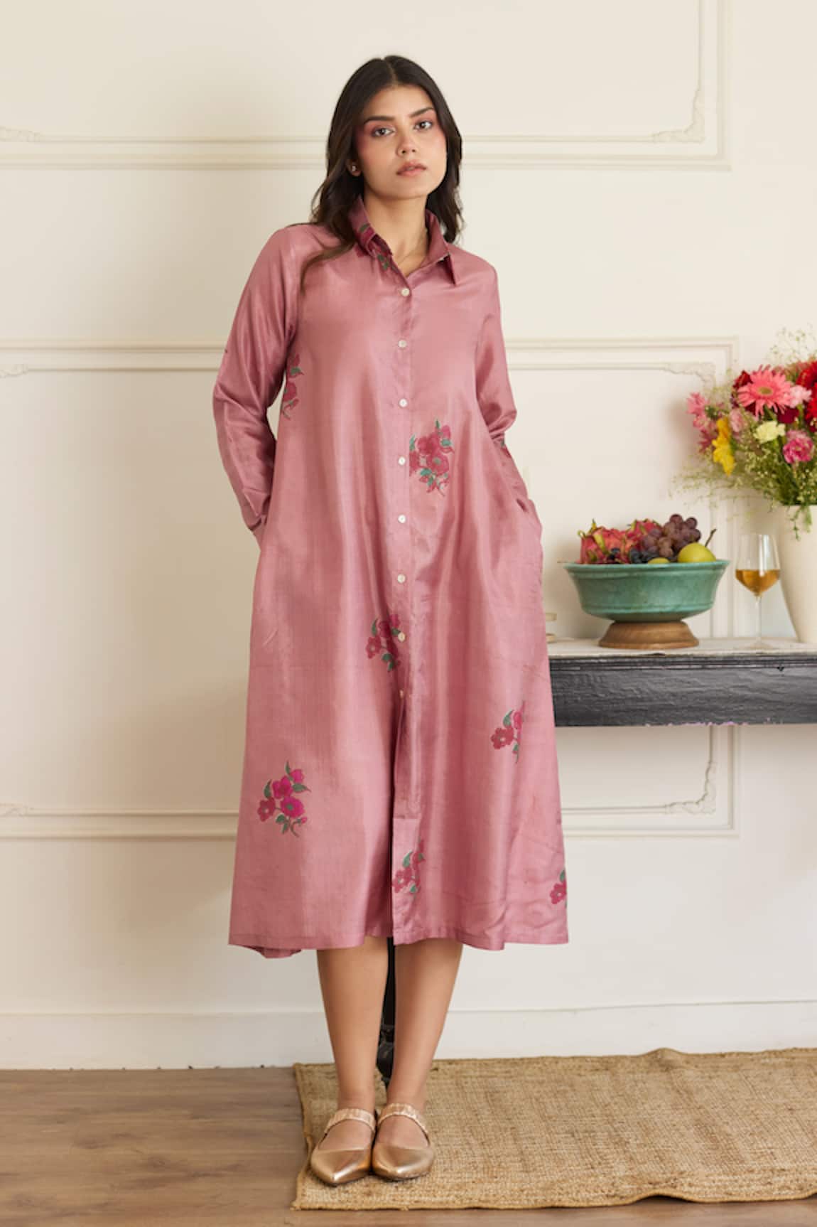 Juanita By Shubhda Mauve Silk Floral Pattern Dress 