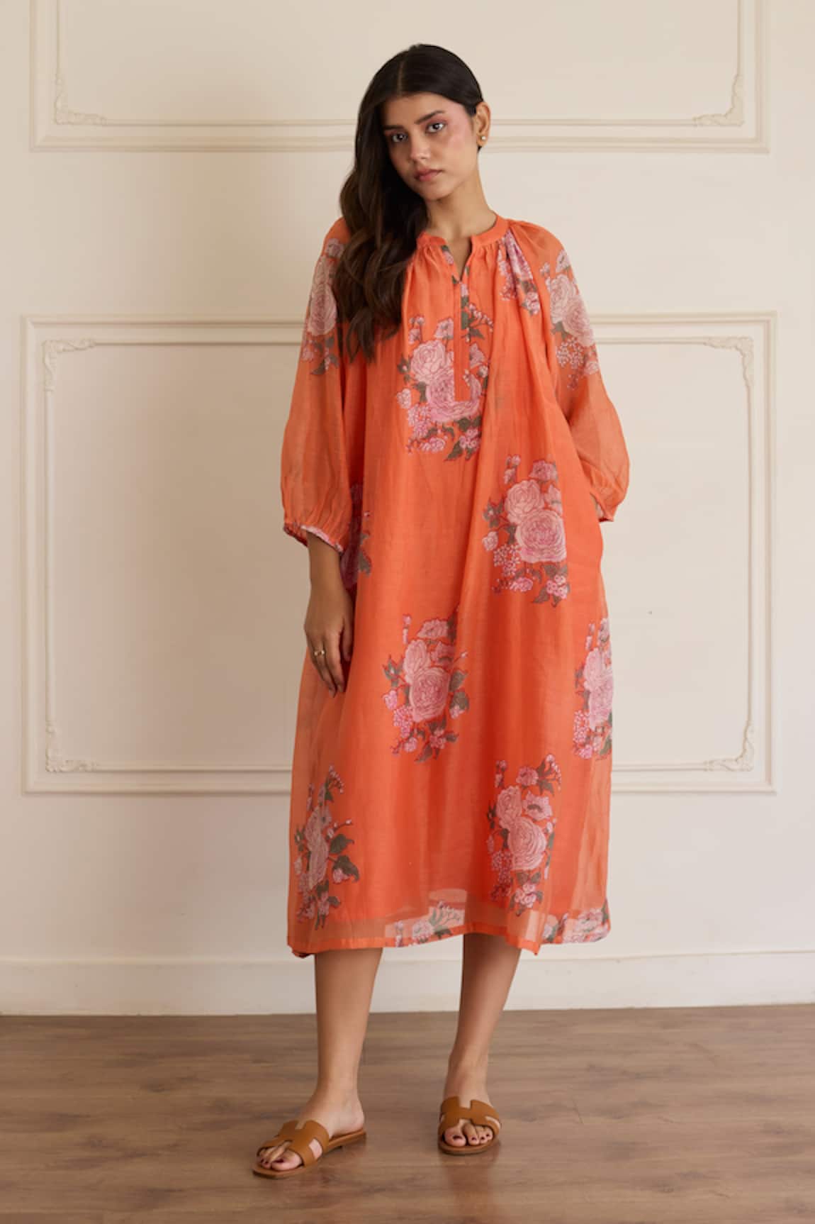 Juanita By Shubhda Saffron Floral Print Dress 