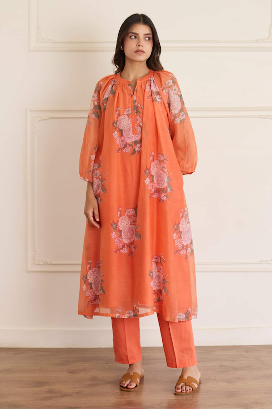 Juanita By Shubhda Saffron Floral Pattern Kurta With Pant 