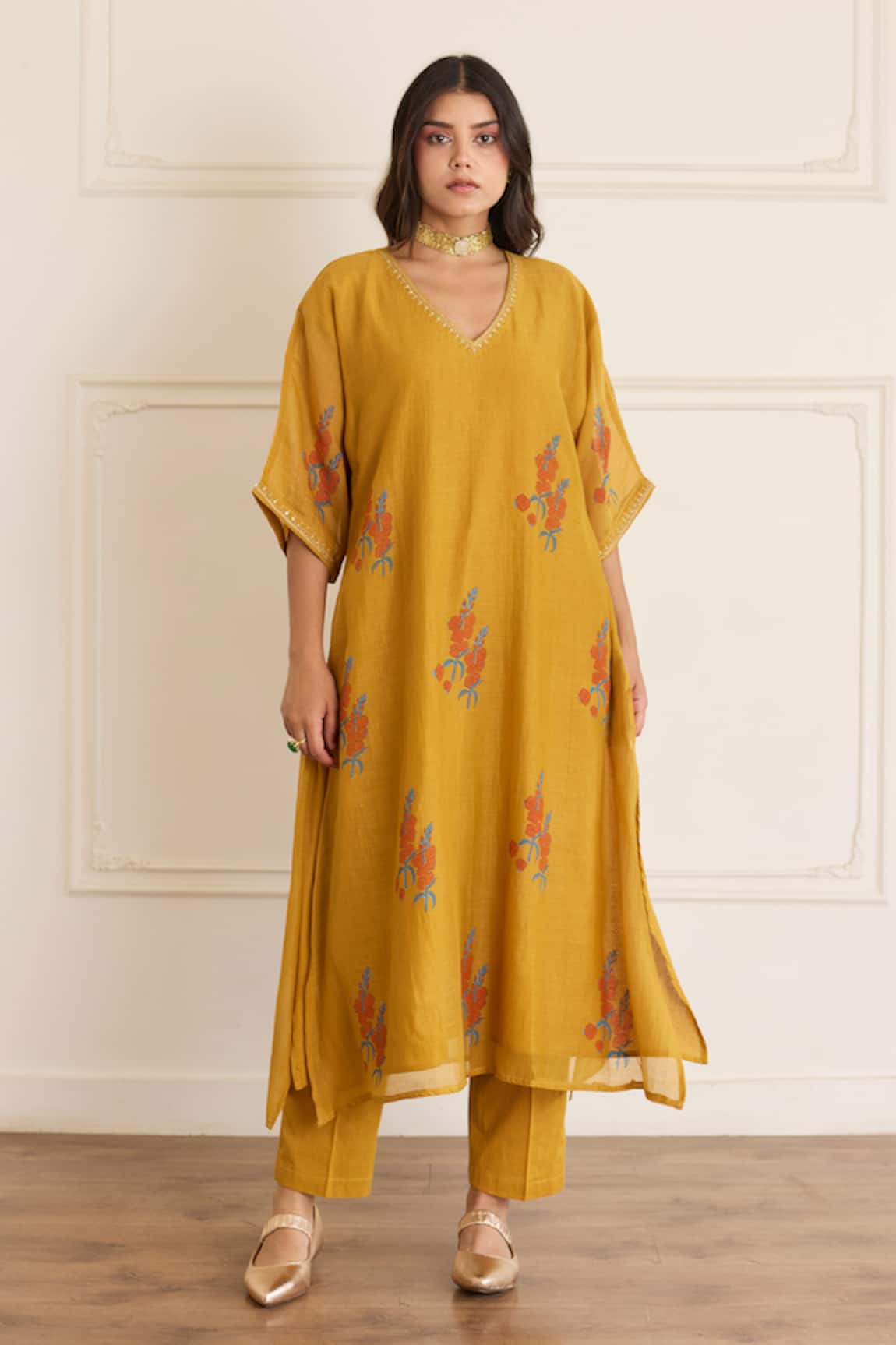 Juanita By Shubhda Ochre Floral Pattern Kurta & Pant Set 