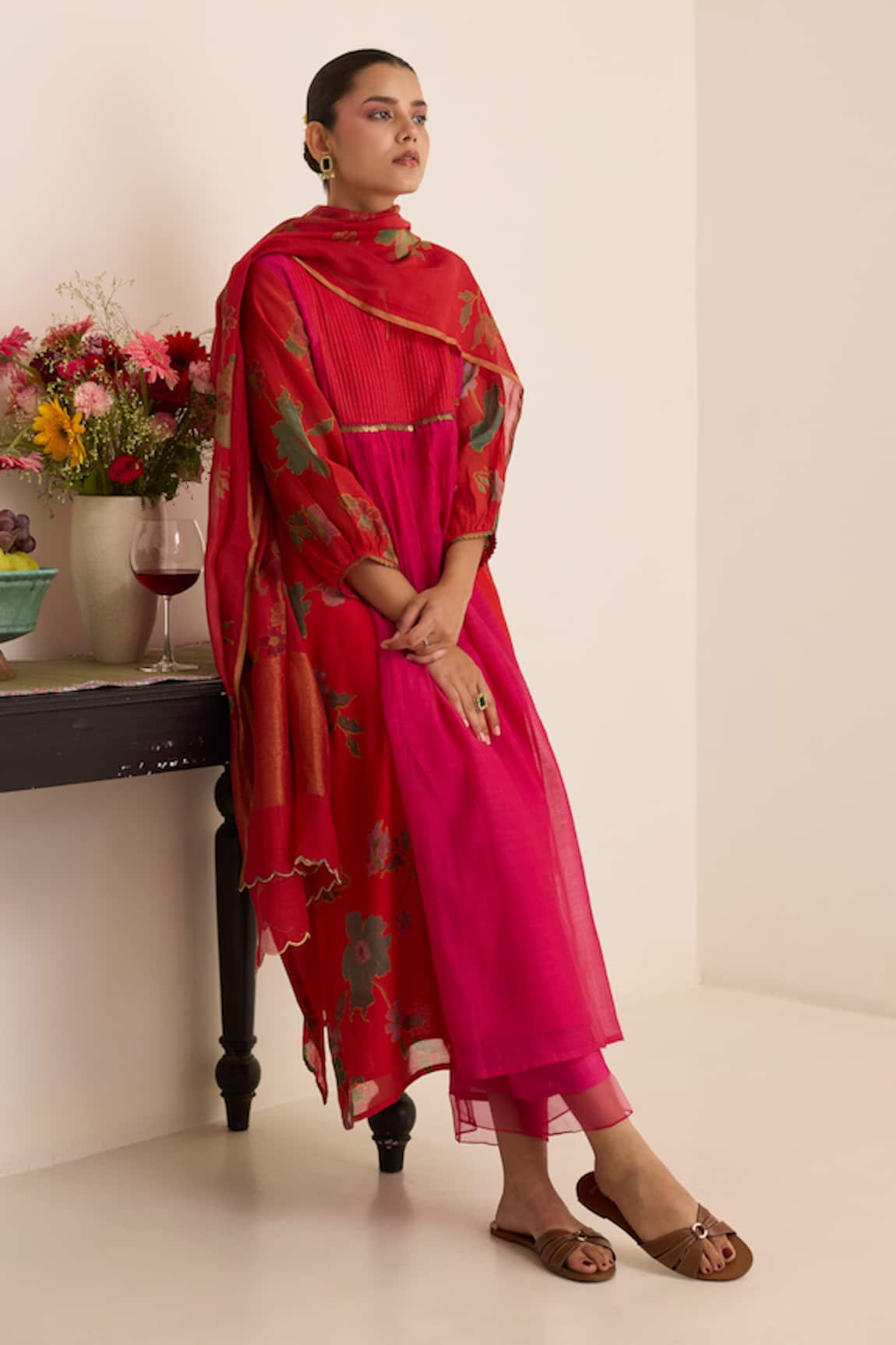Juanita By Shubhda Scarlet Floral Pattern Kurta Set 