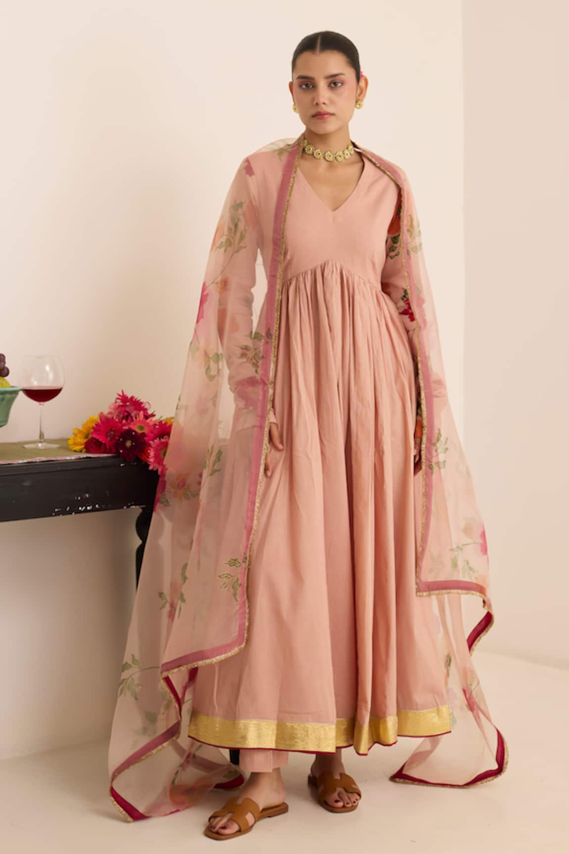 Juanita By Shubhda Salmon Anarkali Set With Floral Pattern Dupatta 