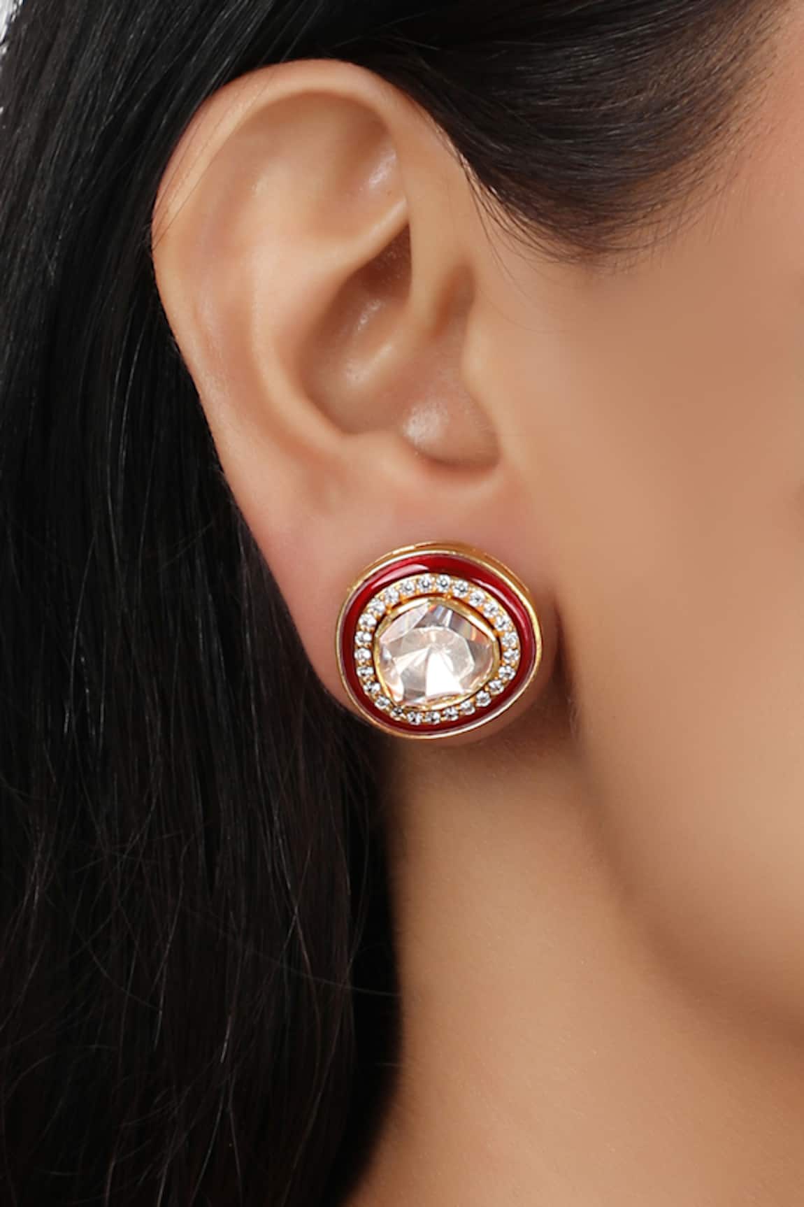Sica Jewellery 925 Silver Red Meena Moissanite Polki Earrings 