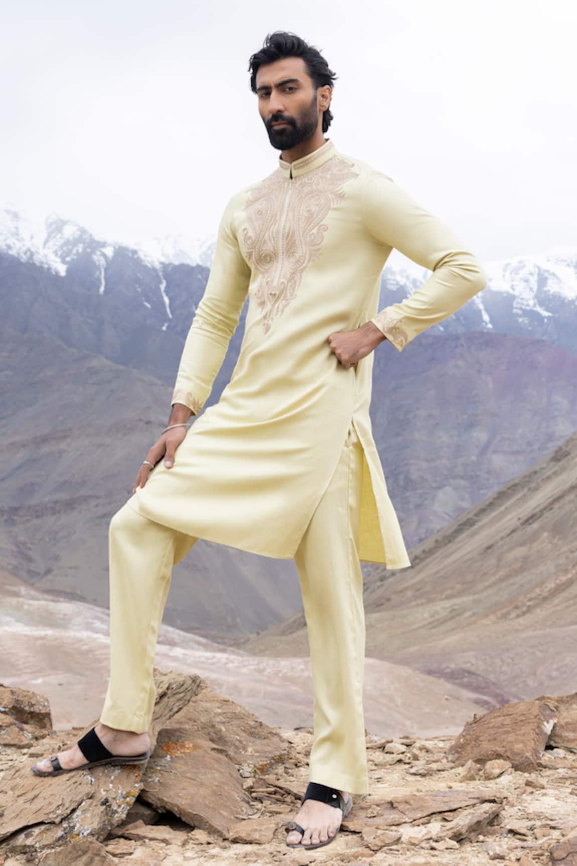 Amit Arora Lime Yellow Straight Kurta & Pant Set 