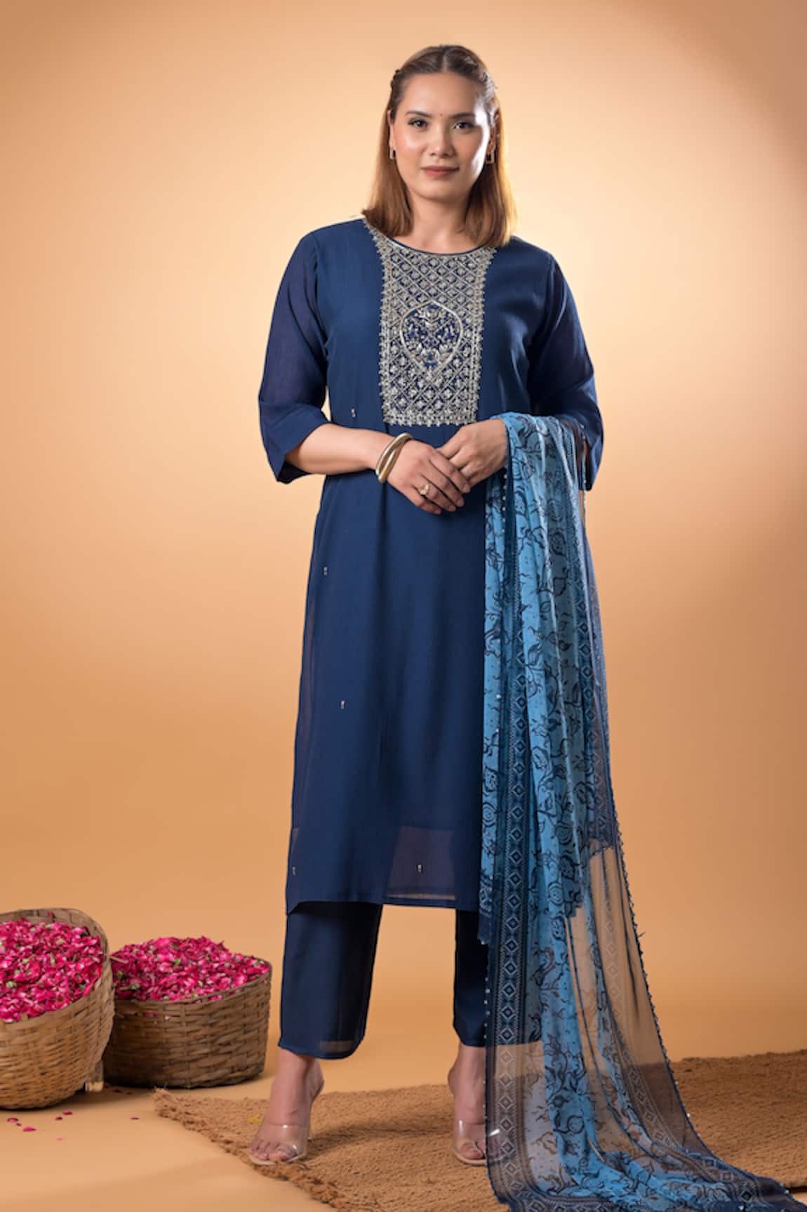 Mamicha Navy Blue Embroidered Kurta Pant Set 