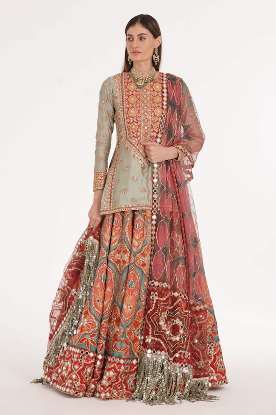 Abhinav Mishra Ruby Forest Smoke Embroidered Kurta Lehenga Set 