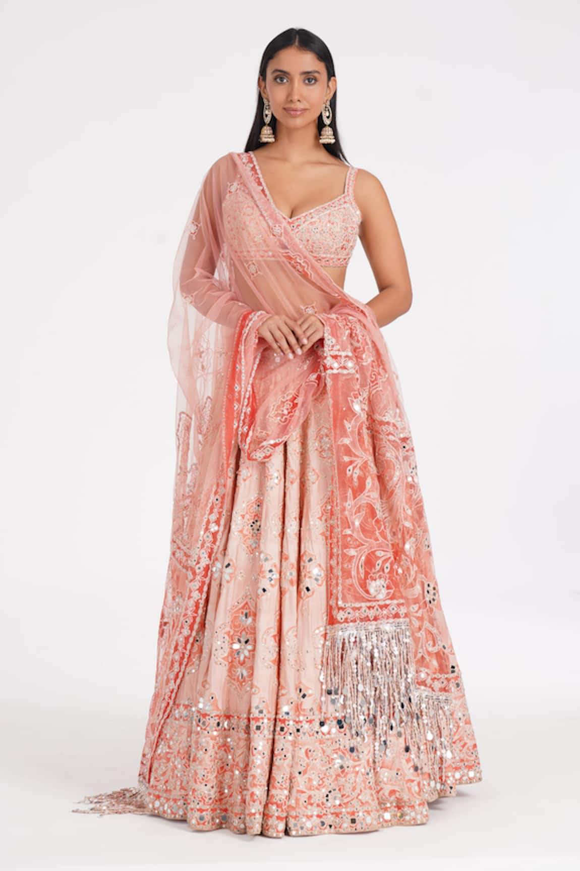Abhinav Mishra Peach Quartz Chanderi Embroidered Lehenga Set 
