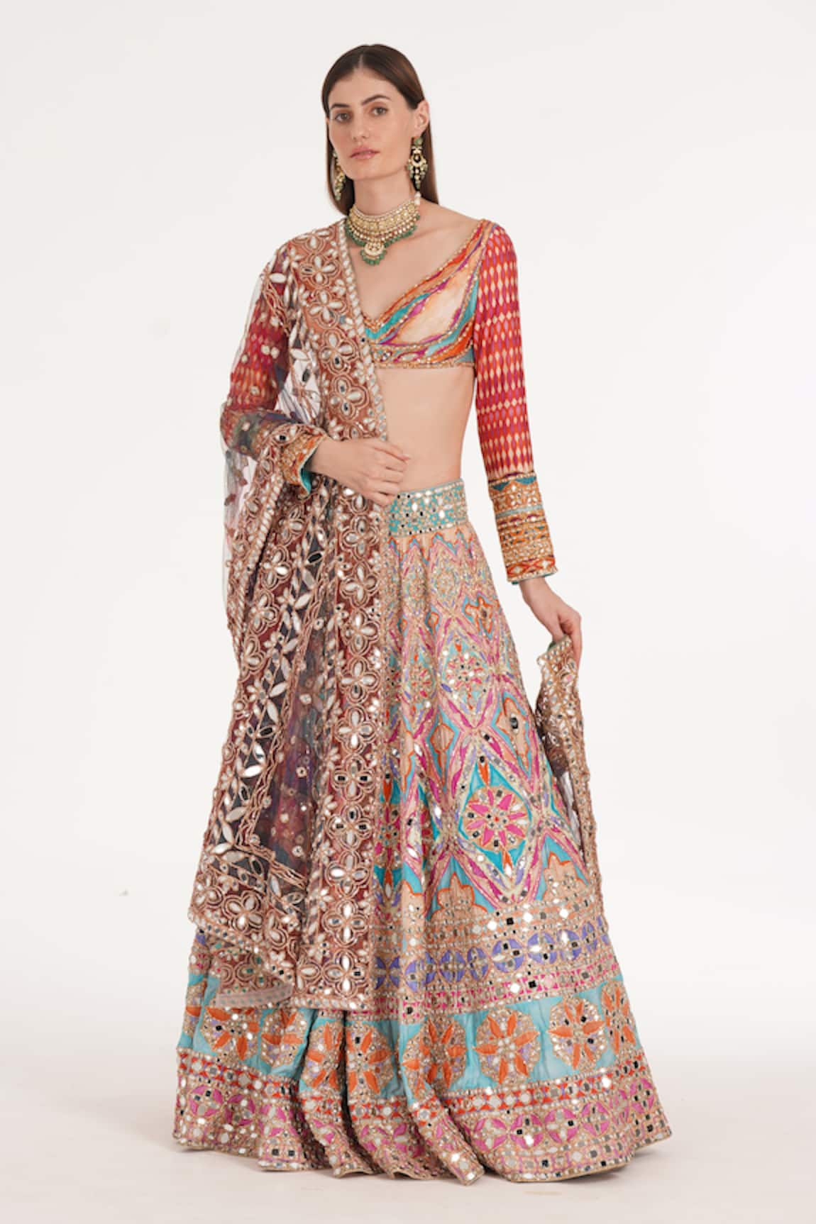 Abhinav Mishra Lake Blue Multicolour Lehenga Set 