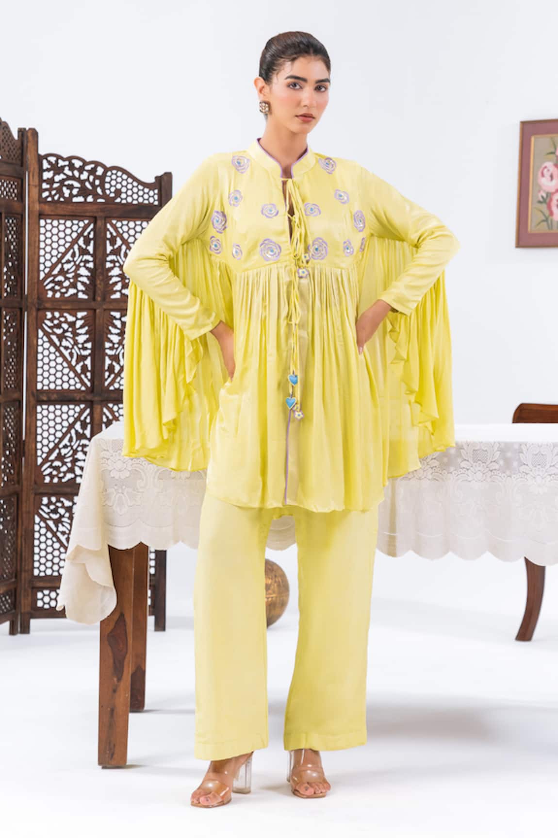 Leela By A Embroidered Yoke Flared Top With Pant 